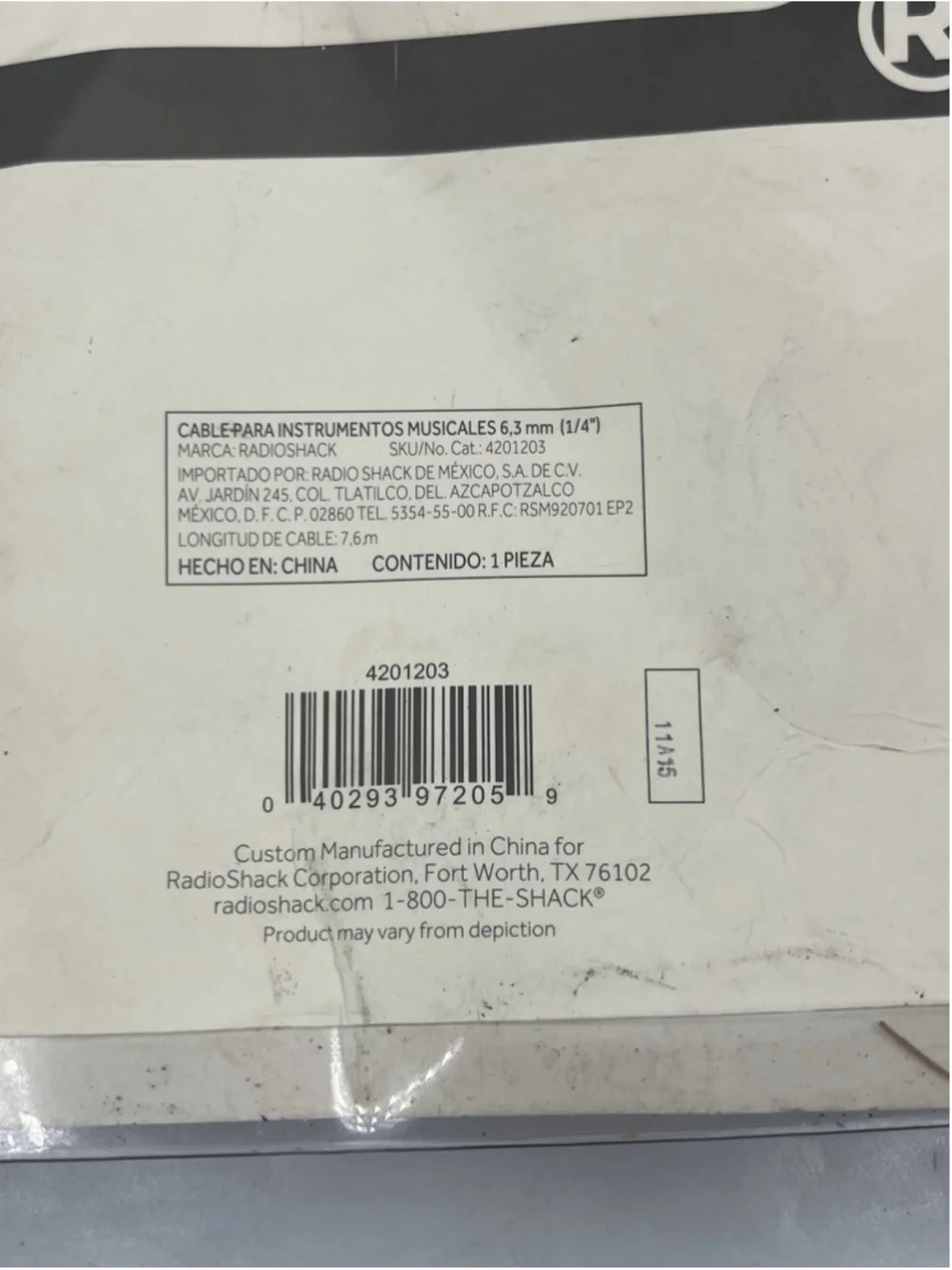 RADIOSHACK 7.6m 25-Ft Instrument Cable 1/4